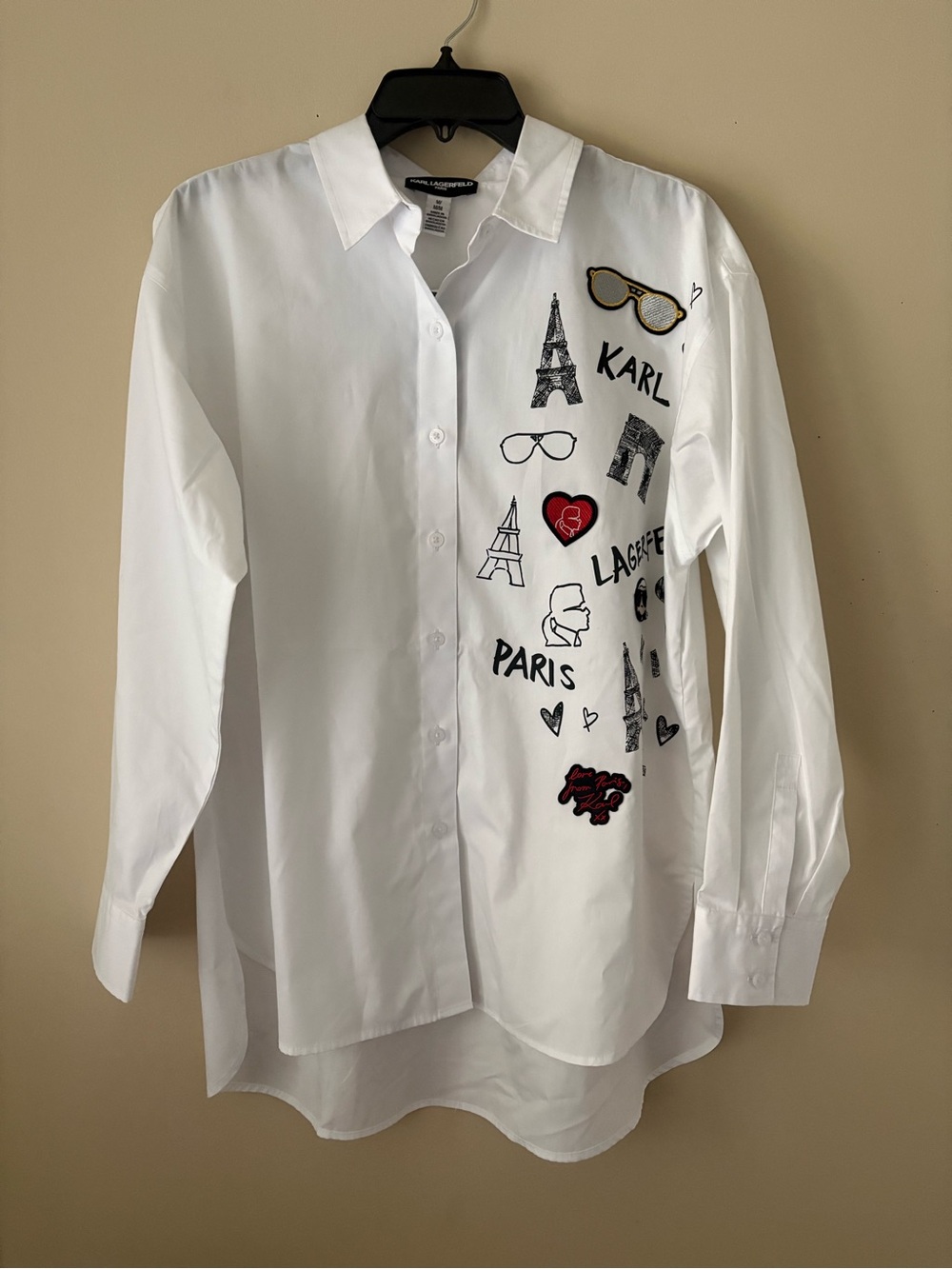 Karl Lagerfeld White Button-Down Shirt with Paris Embroidery Sz. M New